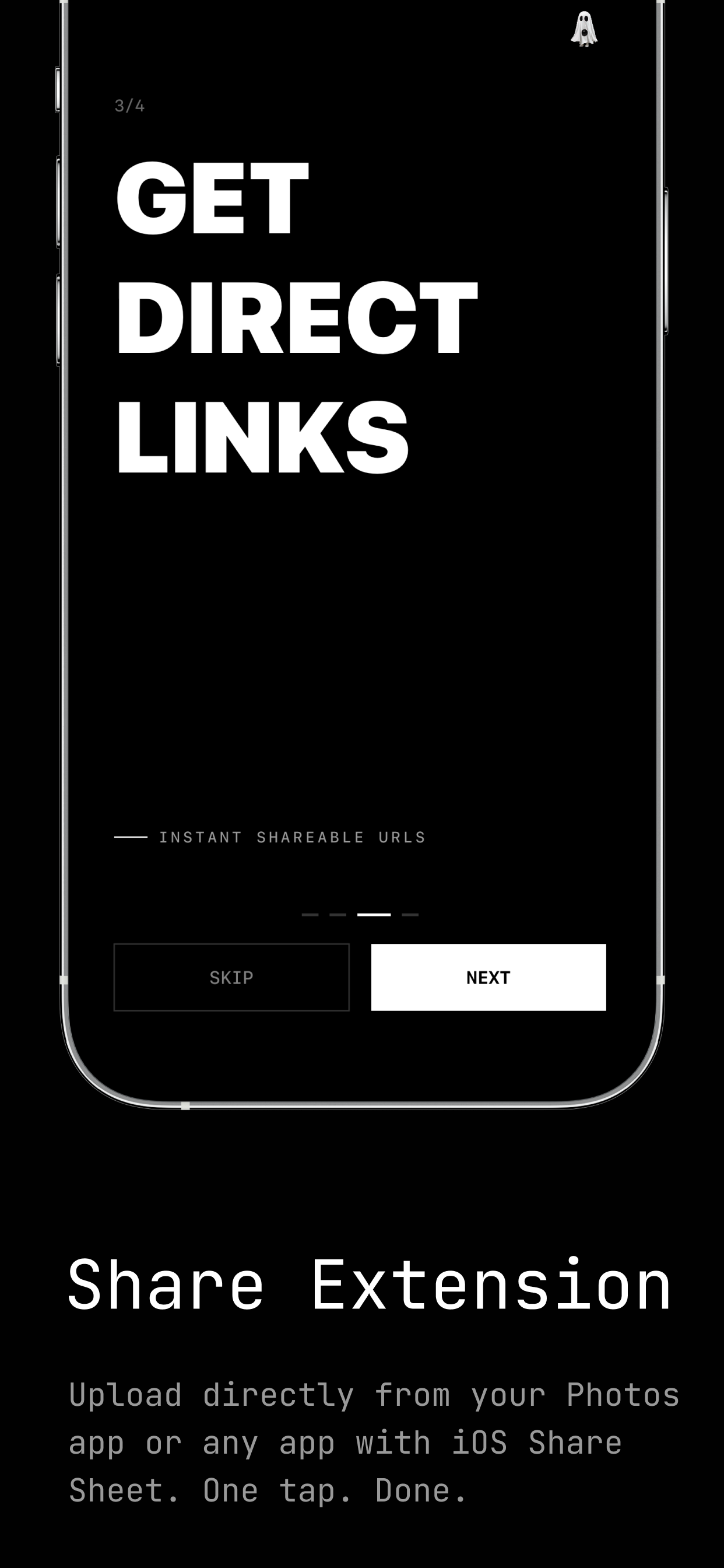 imghost iPhone marketing screenshot describing Share Sheet upload