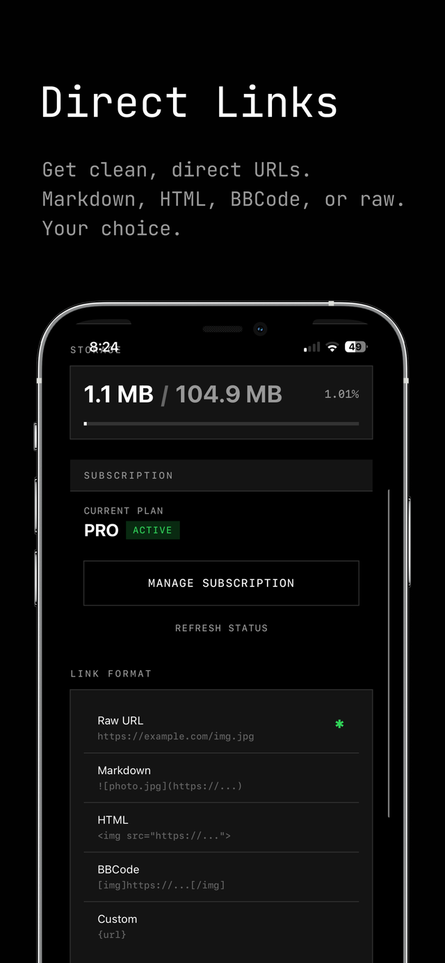 imghost app screenshot showing direct link format options: Raw URL, Markdown, HTML, BBCode, and Custom